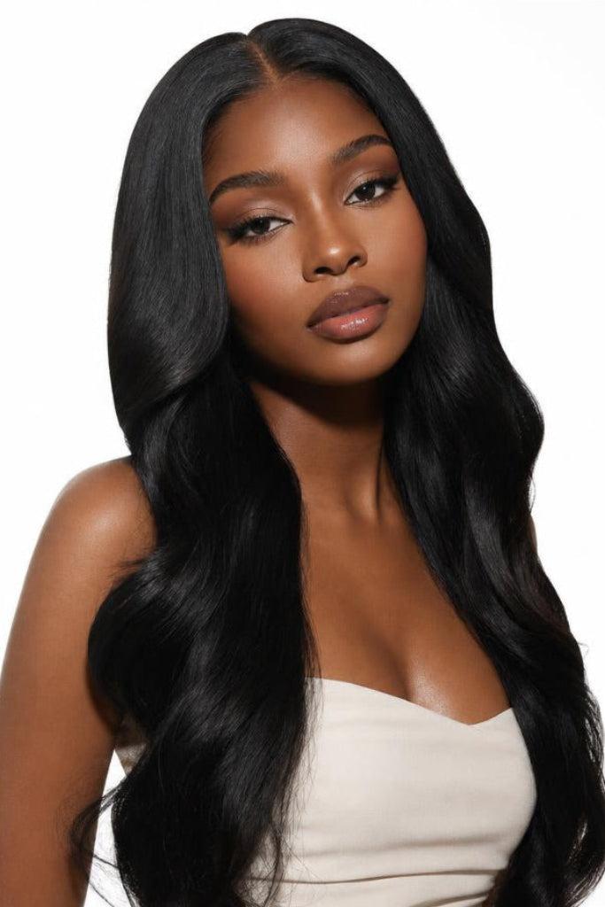 A woman with long, straight, black body wave hair wearing a cream strapless top, photographed against a solid white background.